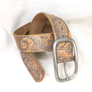 Vintage 90s Tan Leather Belt Printed in Blue and Silver Paisley  -M-